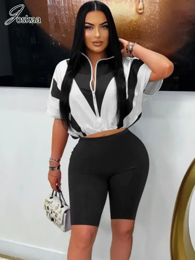 Women's Short Sleeve Crop Zip Two Piece Set – Women's Fashion Wholesale – Front View