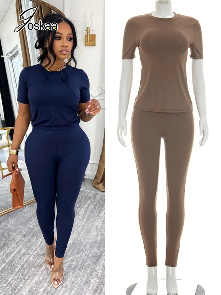 Women's Short Sleeve Solid Round Neck Two Piece Set – Women's Fashion Wholesale – Front View
