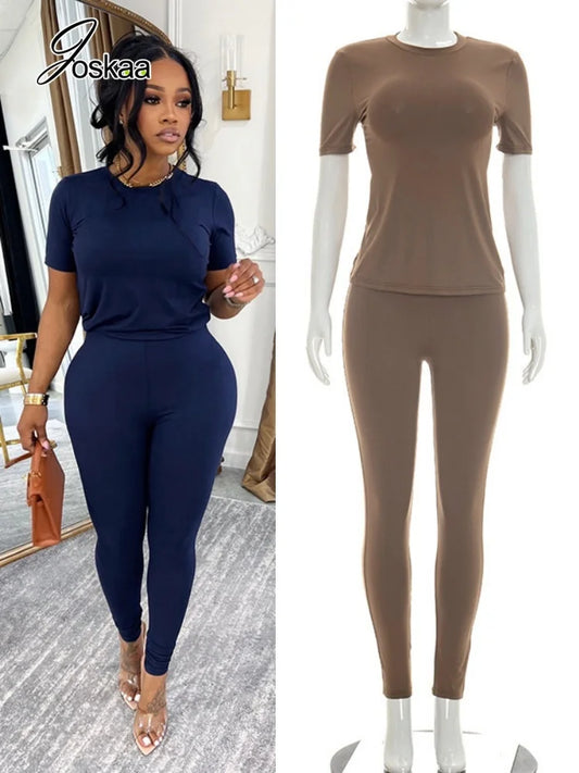 Women's Short Sleeve Solid Round Neck Two Piece Set – Women's Fashion Wholesale – Front View