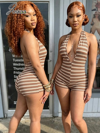 Women's Stripe Backless Halter Sleeveless Romper Light Brown – Side View