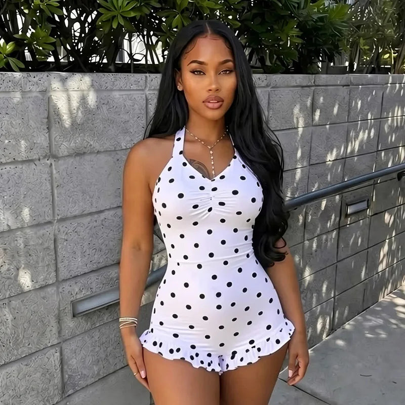 Women's Polka Dot Ruched V-neck Halter Romper