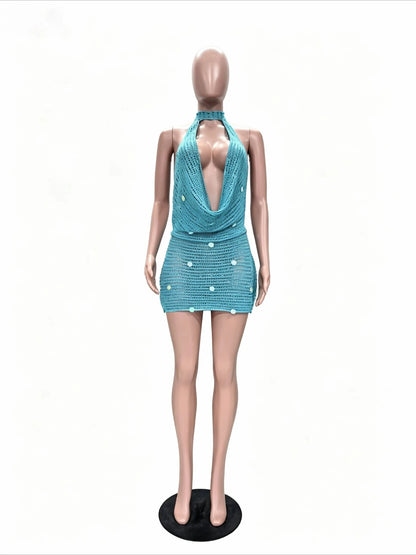 Women's Sequin Knit Backless Halter Mini Dress