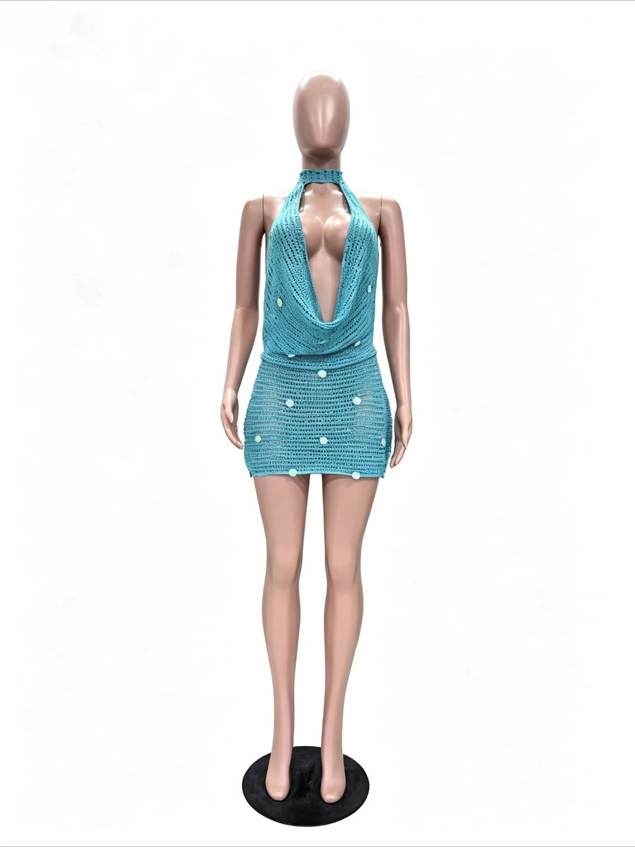Women's Sequin Knit Backless Halter Mini Dress