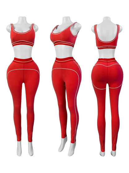 Women's Crop Color Contrast Line Two Piece Set