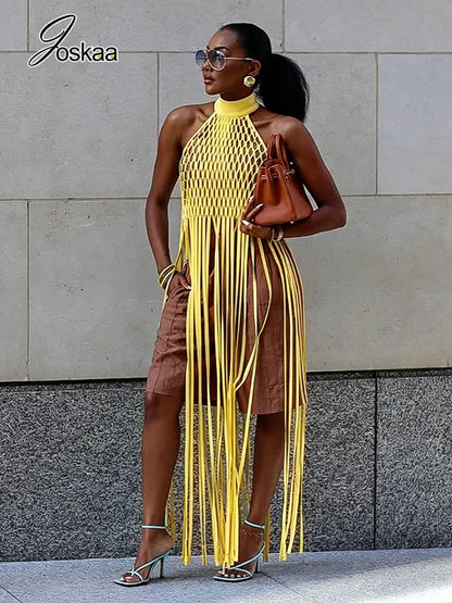 Women's Mesh Backless Cutout Halter Top Fishnet Tassel Tank - Side View