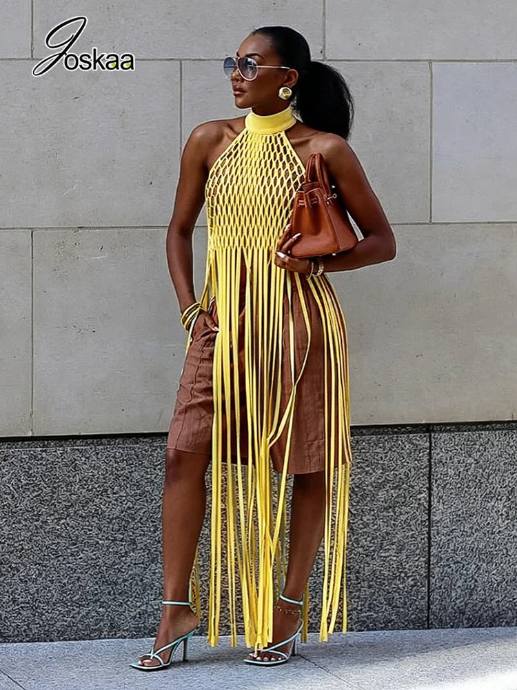 Women's Mesh Backless Cutout Halter Top Fishnet Tassel Tank - Side View