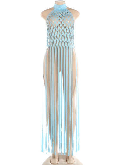Women's Mesh Backless Cutout Halter Top Fishnet Tassel Tank - Detail View 9