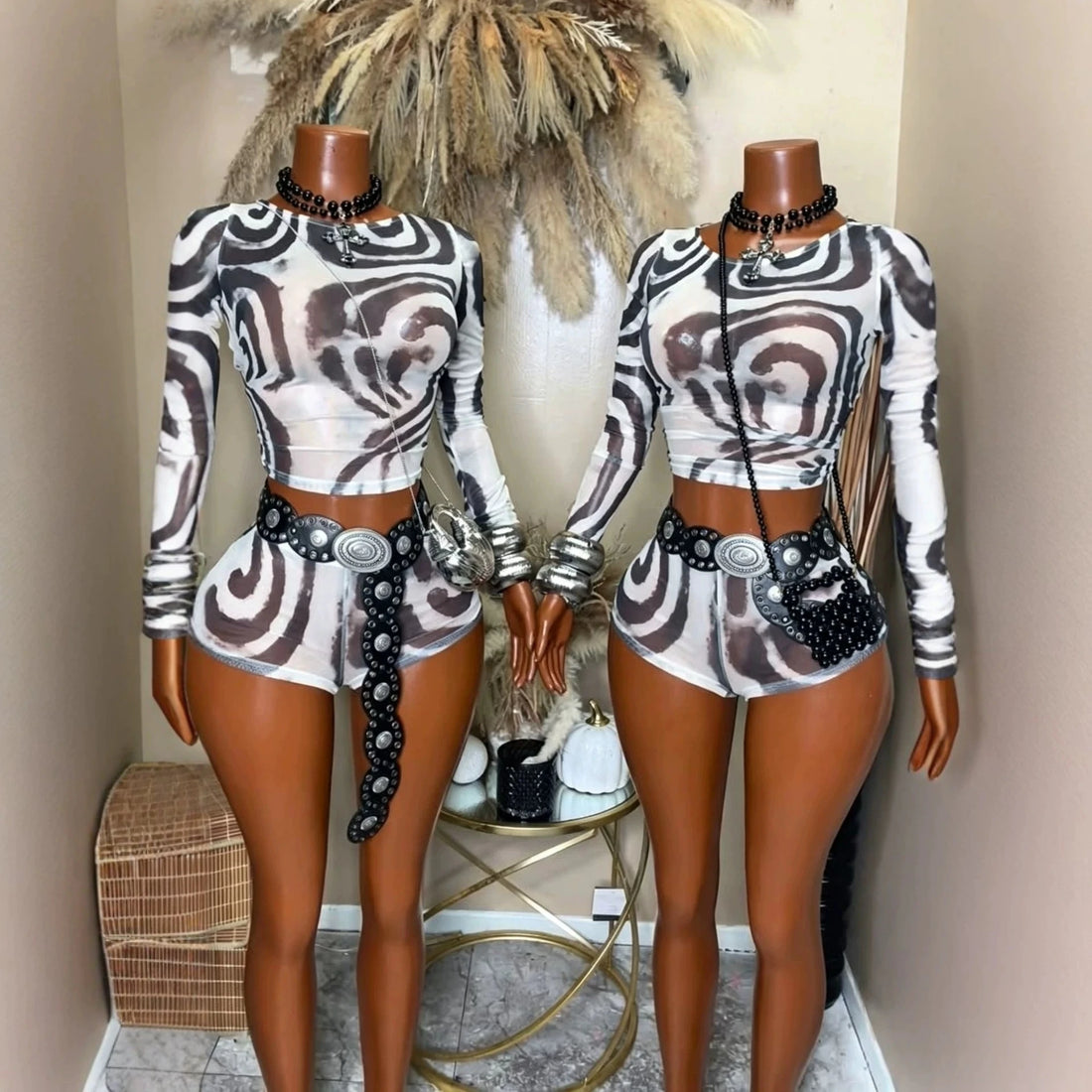 Women's Swirl Print Mesh Long Sleeve High Waist Two Piece Set 0141 - Additional View 10