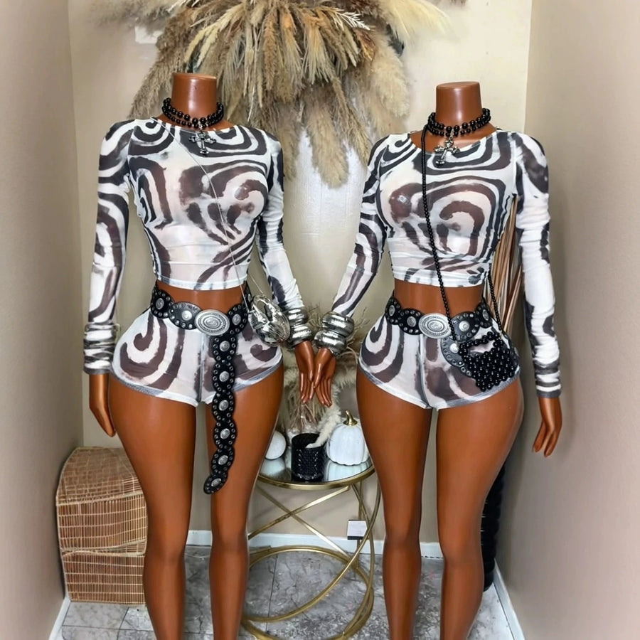 Women's Swirl Print Mesh Long Sleeve High Waist Two Piece Set 0141 - Additional View 10