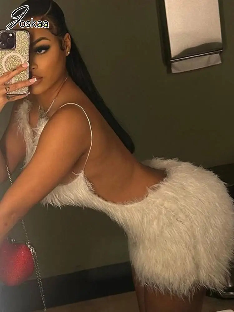 Women's Backless Furry White Spaghetti Mini Dress White – Side View