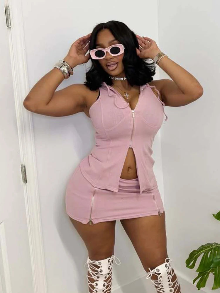 Women's Zip Up Sleeveless Two Piece Set