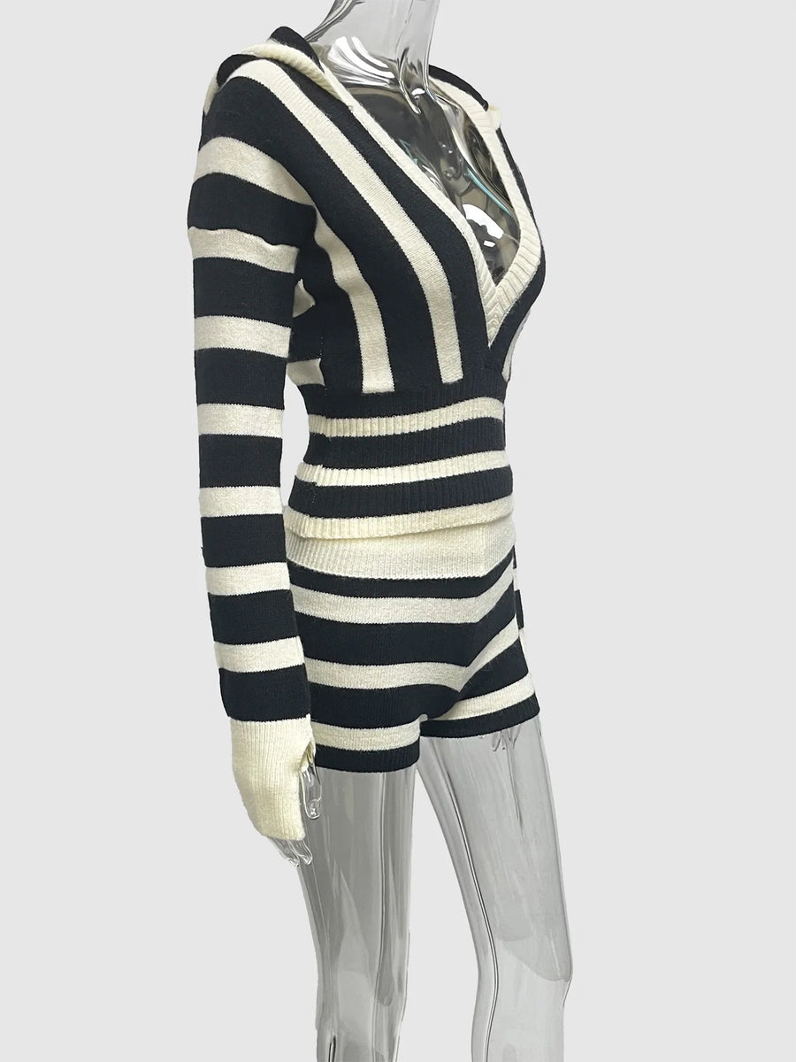 Joskaa Stripe Ribbed Knit Hooded Long Sleeve Two Piece Set - two piece set image 3