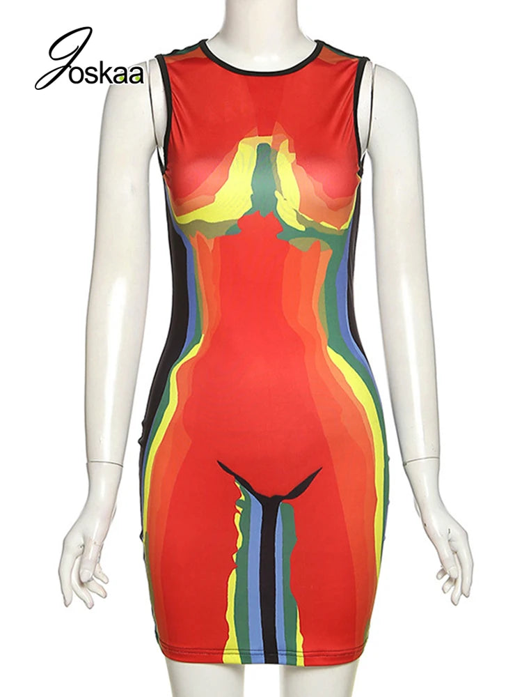 Women's Sleeveless Rainbow Printed Graffiti Dress 10 – Back View