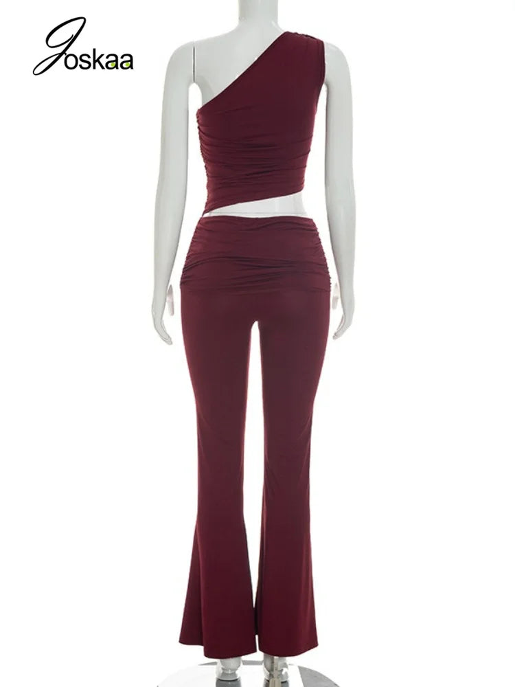 Women's Ruched One Shoulder Wide Leg Two Piece Set - Detail View