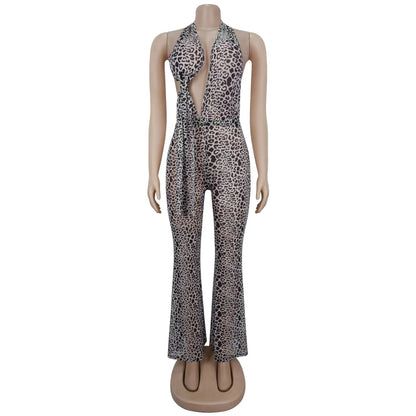 Women's Leopard Print Mesh Backless Romper