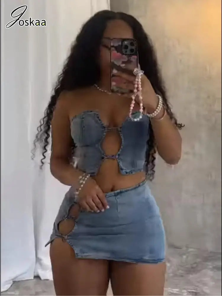 Women's Denim Cutout Strapless Two Piece Set Peacock Blue – Side View