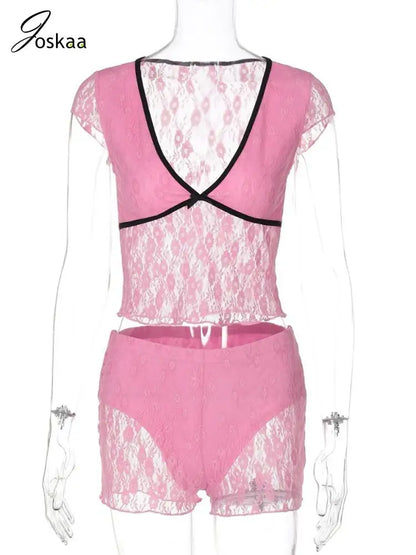 Wholesale Women's Lace Mesh Crop Two Piece Set Black – Back View