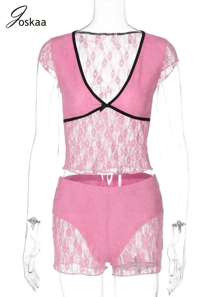 Wholesale Women's Lace Mesh Crop Two Piece Set Black – Back View