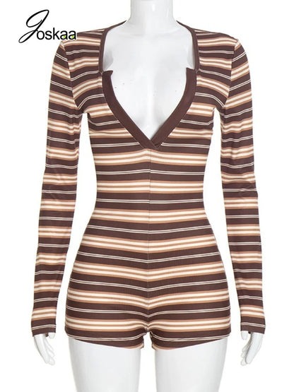 Women's Striped V-neck Long Sleeve Bodycon Romper - Back View