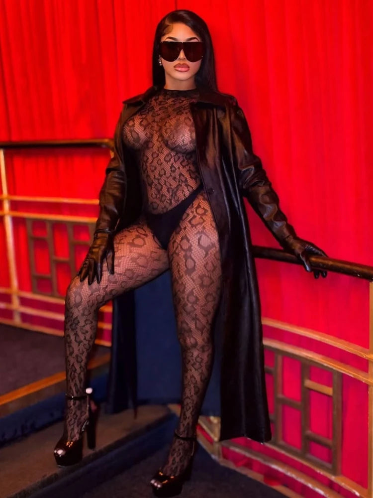 Women's Leopard Print Mesh Long Sleeve Romper Red – Front View