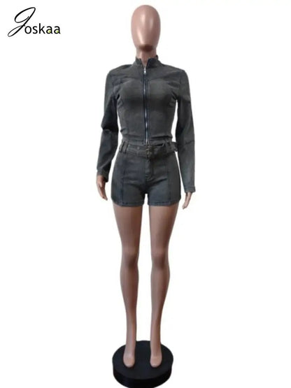 Women's Denim Long Sleeve Zip Two Piece Set Dark Grey – Detail View