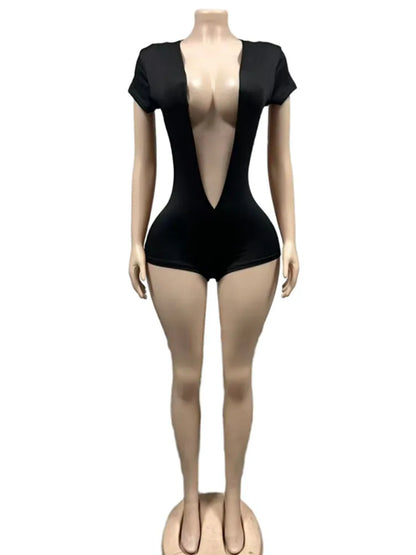 Women's Short Sleeve V-neck Bodycon Romper - Detail View 7