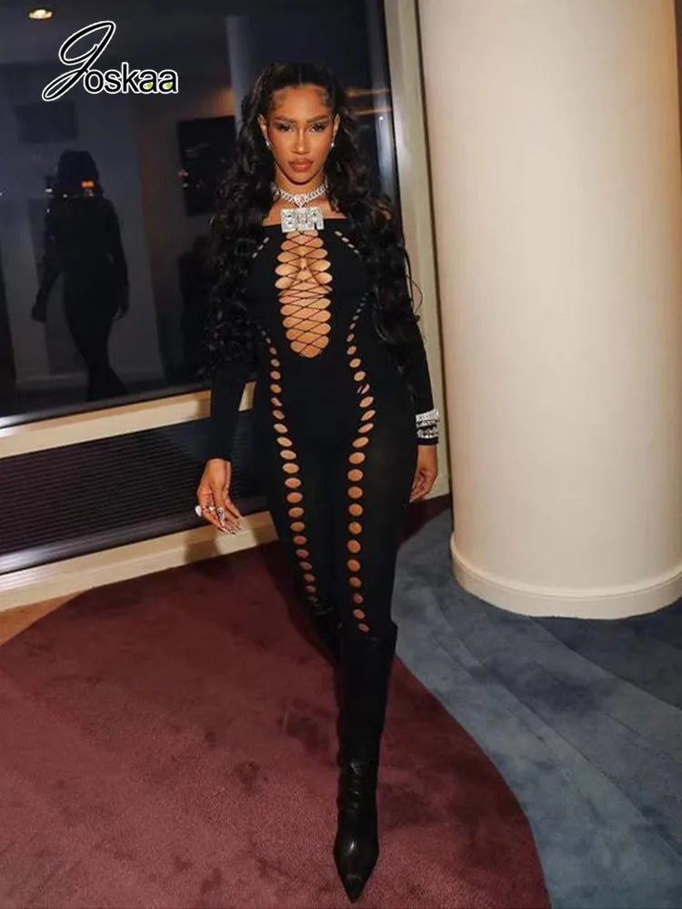 Women's Cutout Long Sleeve Bodycon Romper Black – Front View