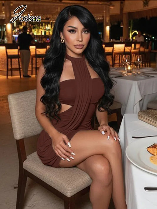 Women's Ruched Backless Cutout Halter Mini Dress - Front View
