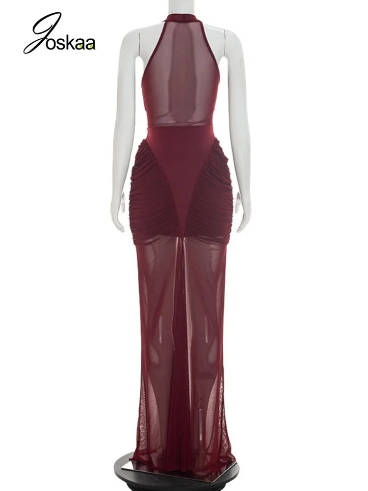 Wholesale Women's Mesh Ruched Bodycon Maxi Dress White – Detail View