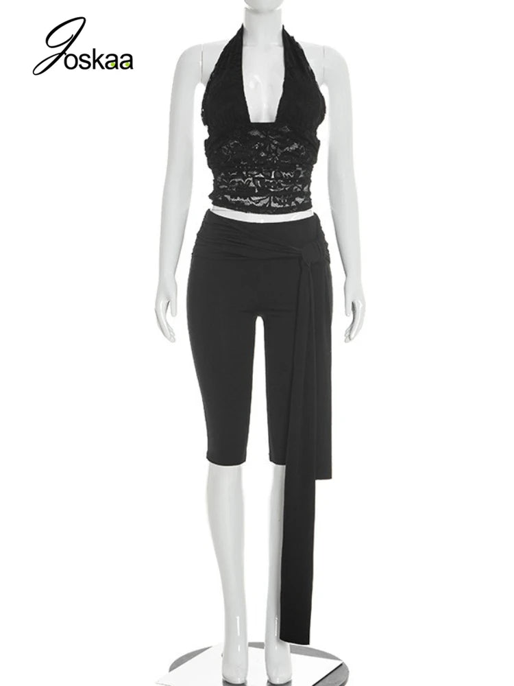 Women's Lace Backless Halter Two Piece Set Black – Back View