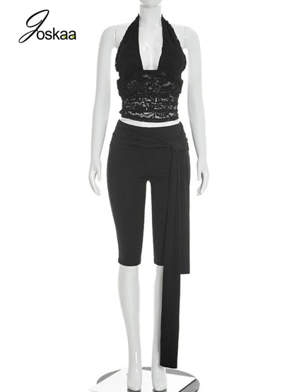 Women's Lace Backless Halter Two Piece Set Black – Back View