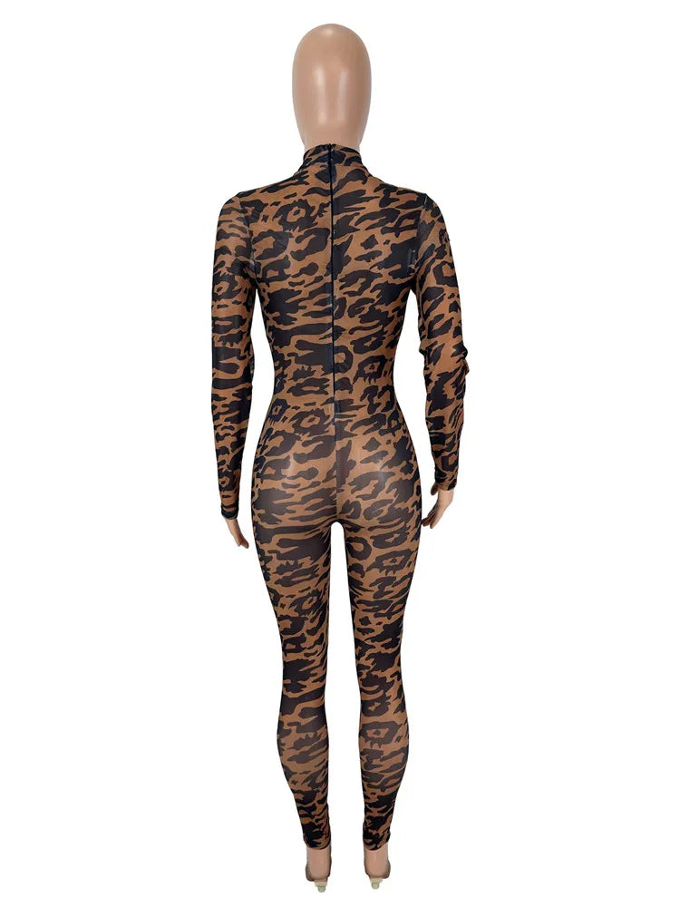 Women's Leopard Print Mesh Long Sleeve Romper Brown – Detail View