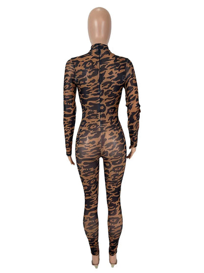 Women's Leopard Print Mesh Long Sleeve Romper Brown – Detail View
