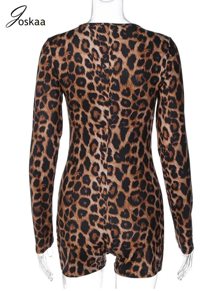 Women's Leopard Print Long Sleeve Bodycon Romper Leopard Print – Detail View