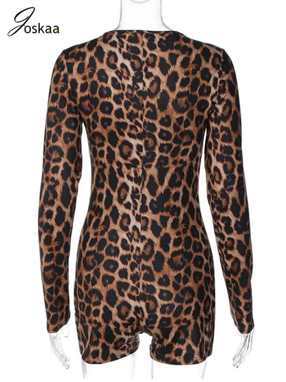 Women's Leopard Print Long Sleeve Bodycon Romper Leopard Print – Detail View
