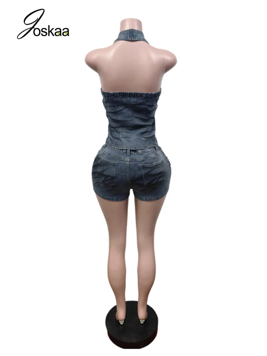 Women's Denim Backless Halter Two Piece Set Light Blue – Back View