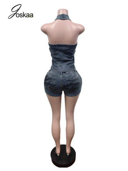Women's Denim Backless Halter Two Piece Set Light Blue – Back View