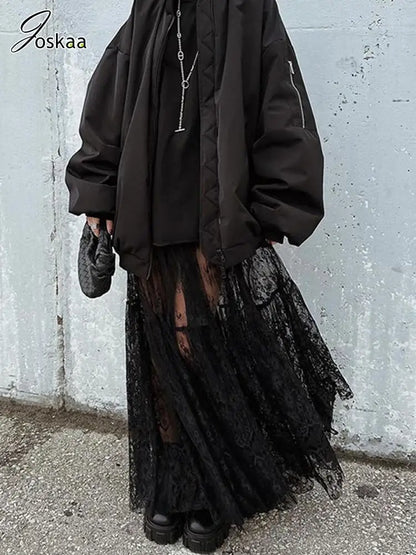 Women's Lace Mesh High Waist Black Long Jacquard Skirt Black – Front View