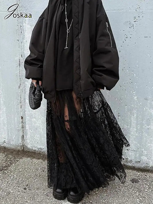 Women's Lace Mesh High Waist Black Long Jacquard Skirt Black – Front View