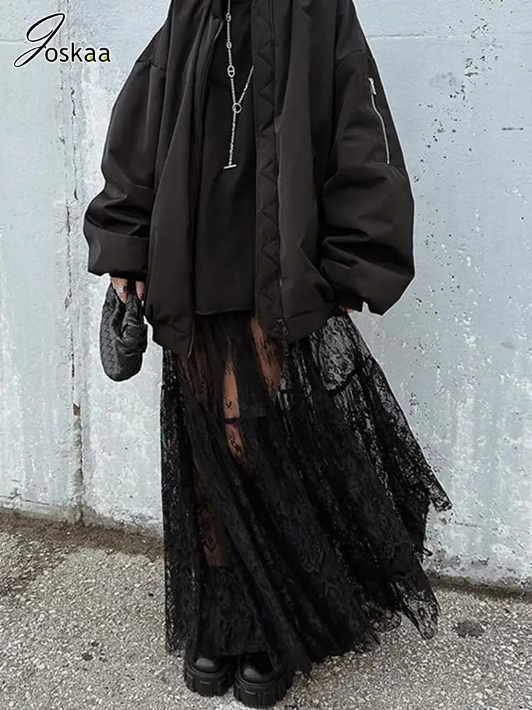 Women's Lace Mesh High Waist Black Long Jacquard Skirt Black – Front View