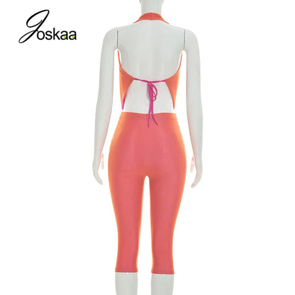 Women's Backless Halter Crop Two Piece Set Rose Red – Detail View