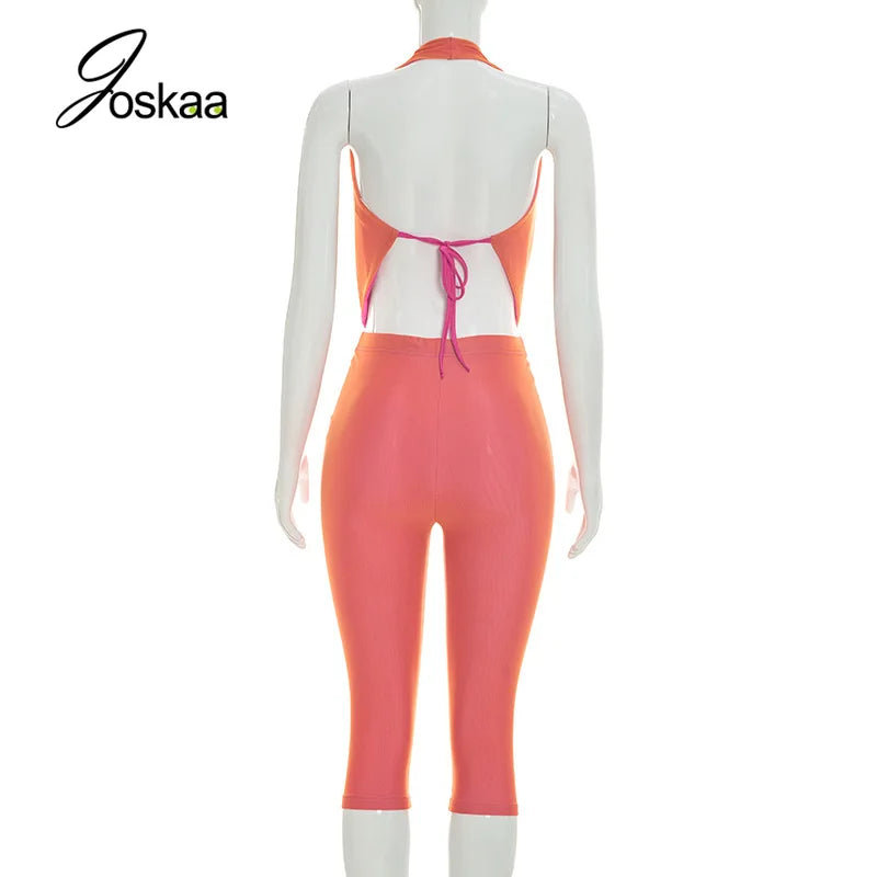 Women's Backless Halter Crop Two Piece Set Rose Red – Detail View