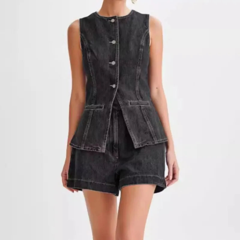 Women's Denim Sleeveless High Waist Two Piece Set