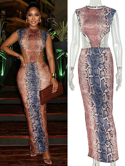 Women's Snake Print Backless Sleeveless Bodycon Maxi Dress 5437 - Additional View 8