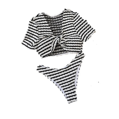 Women's Stripe Short Sleeve Swimwear Bikini Set