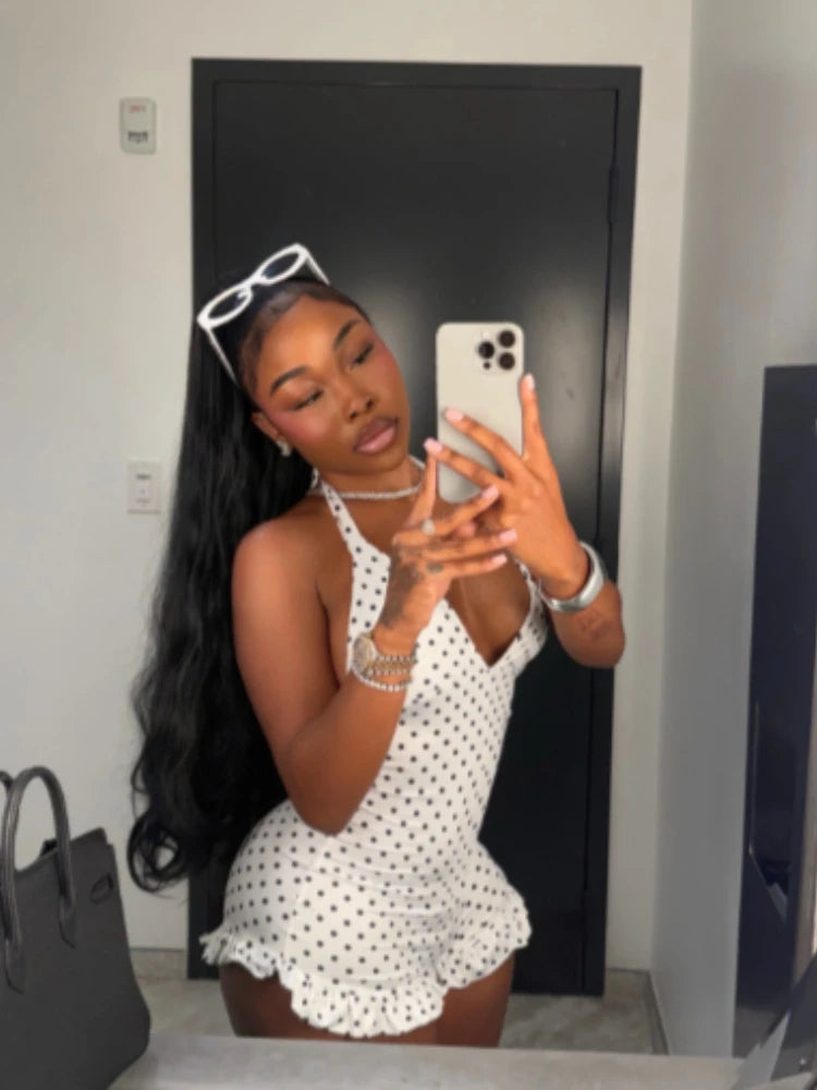 Women's Polka Dot Backless V-neck Halter Romper - Front View