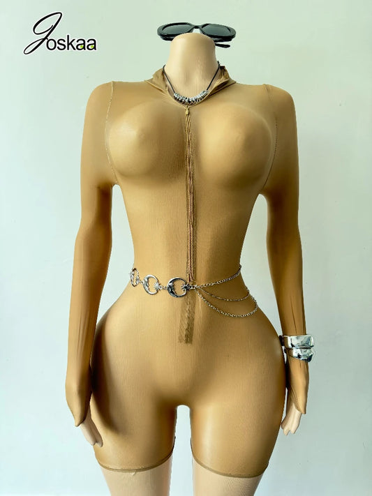 Wholesale Women's Mesh Zip Jumpsuit Oil Romper Skin – Front View