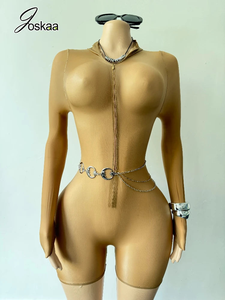 Wholesale Women's Mesh Zip Jumpsuit Oil Romper Skin – Front View