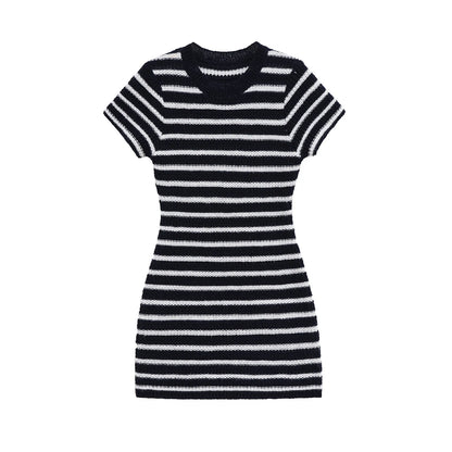 Women's Stripe Knit Short Sleeve Mini Dress