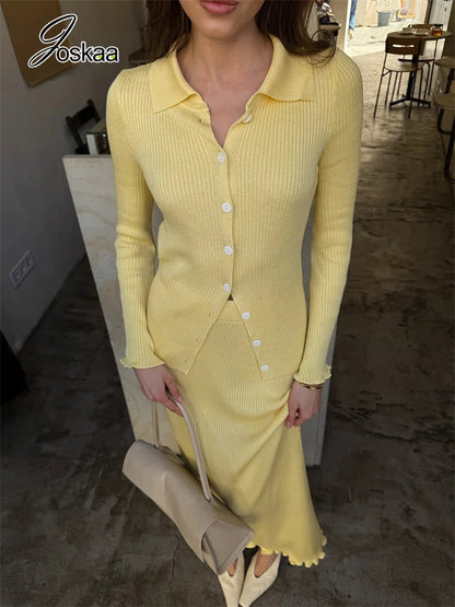 Women's Knit Long Sleeve Maxi Two Piece Set Yellow – Front View
